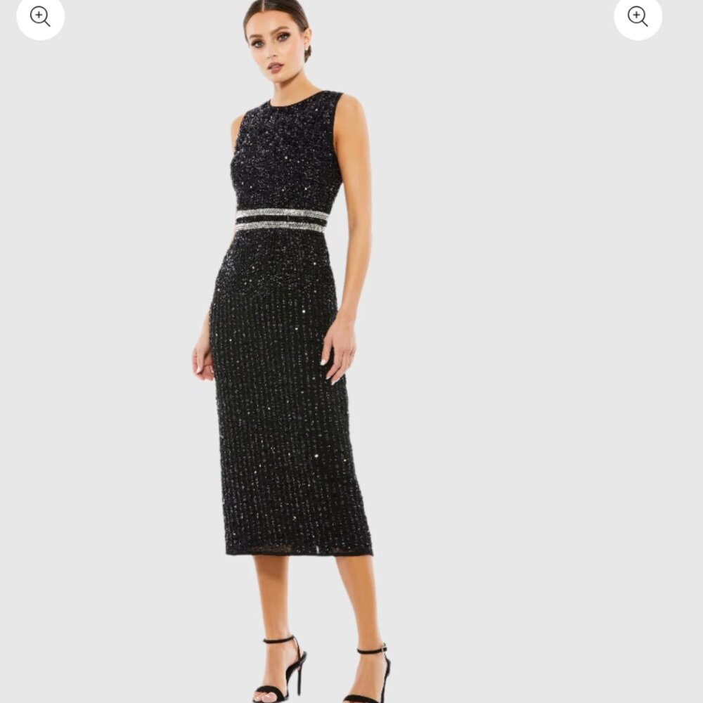 Mac Duggal Black Sleeveless High Neck Beaded Midi Sheath Dress 4 New With Tags